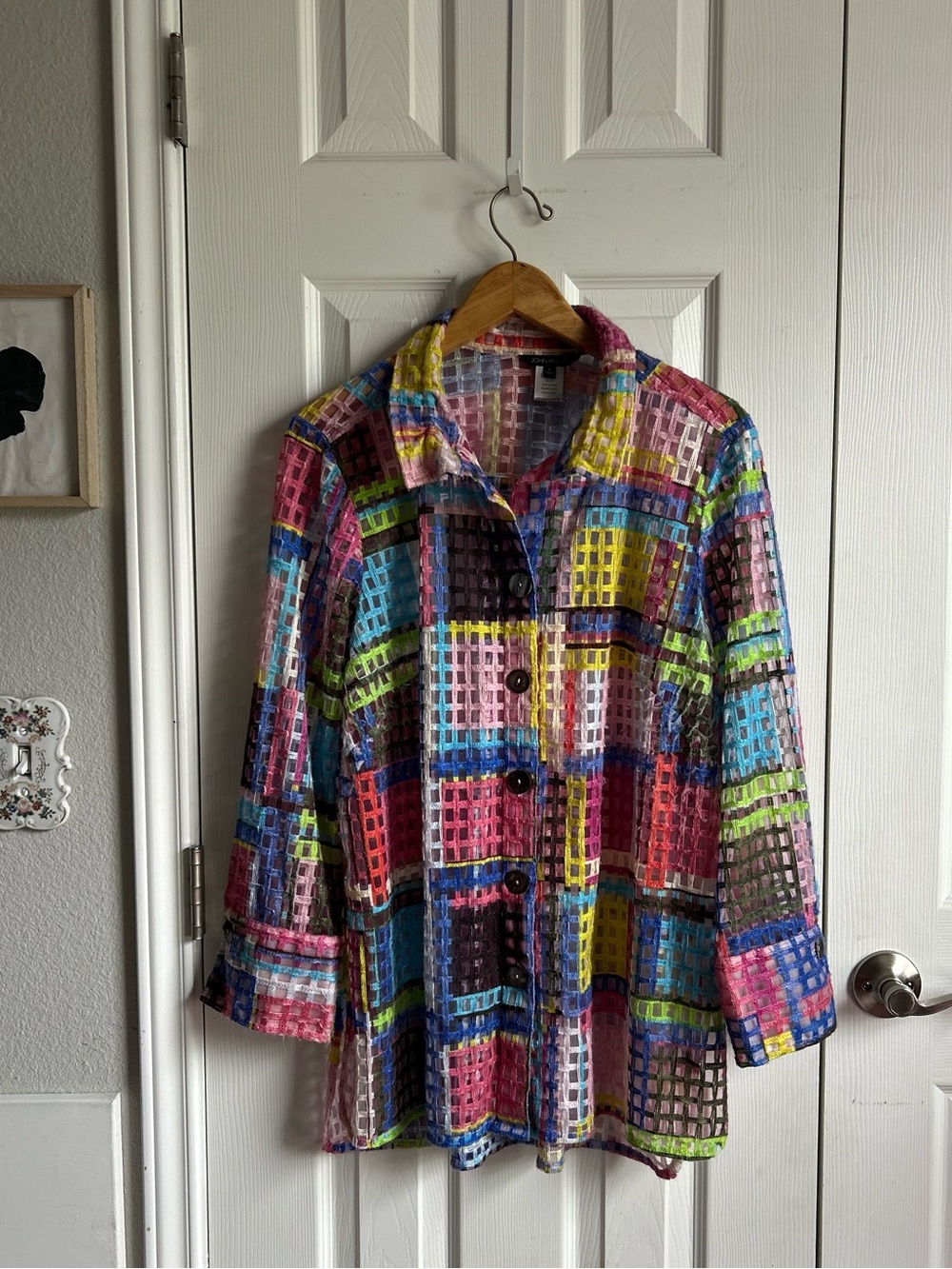 John Mark multicolor patchwork semi sheer long sleeve button down layering shirt